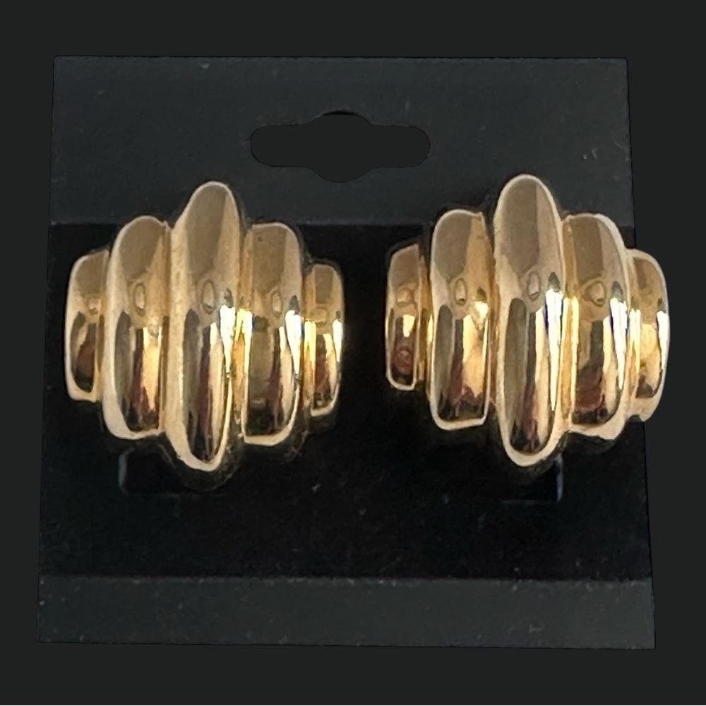 Vintage 80s Gold-Tone Clip Earrings in Style Of Paolo Gucci’s Rigged Art Deco